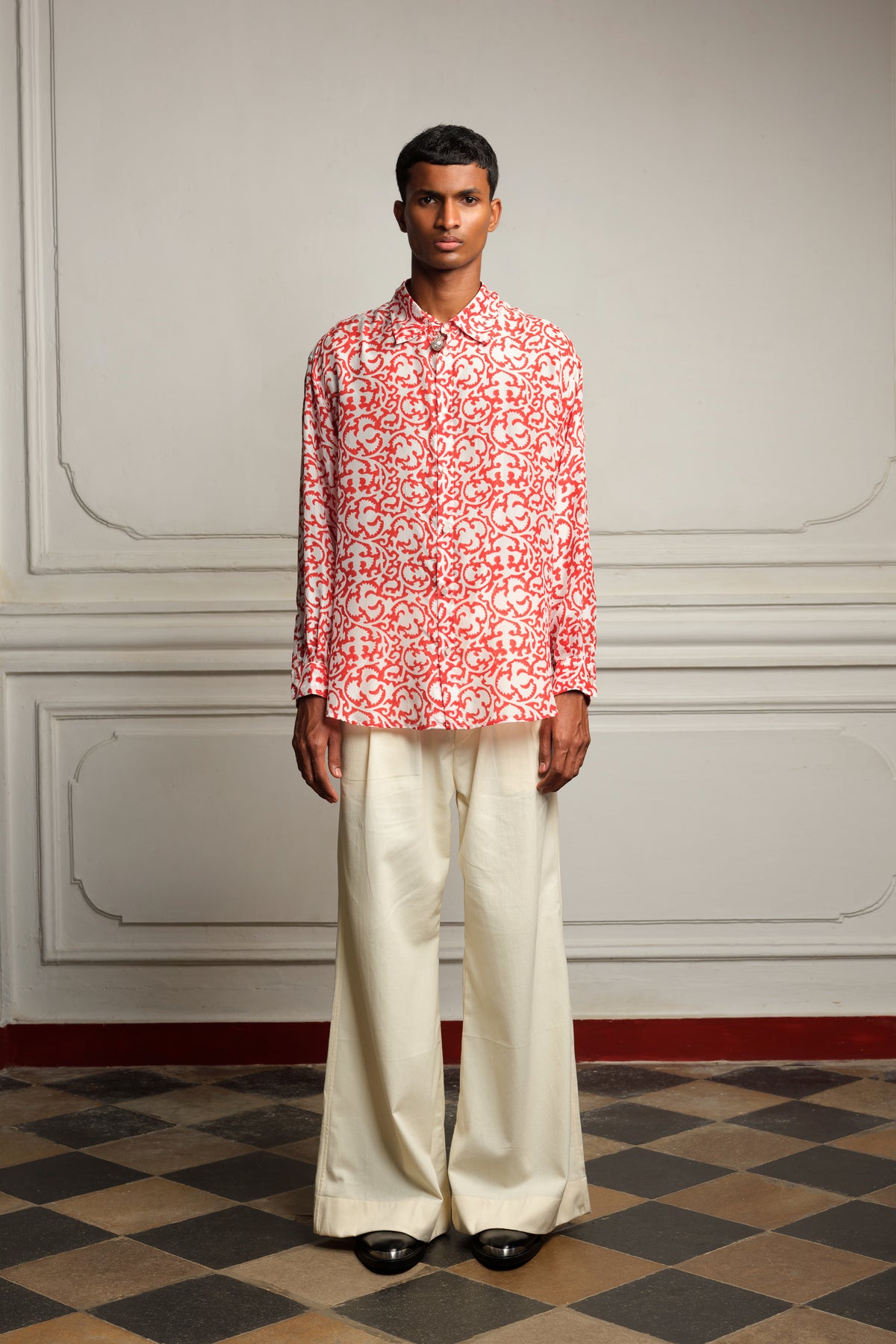 Block printed silk shirt with trousers