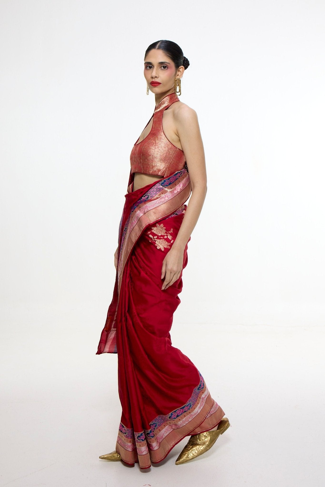 Handwoven Scarlet Red Saree - Ekaya - Elahe