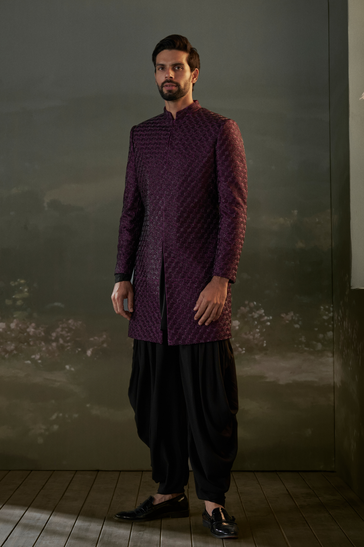 Purple And Black Embroidered Sherwani Set
