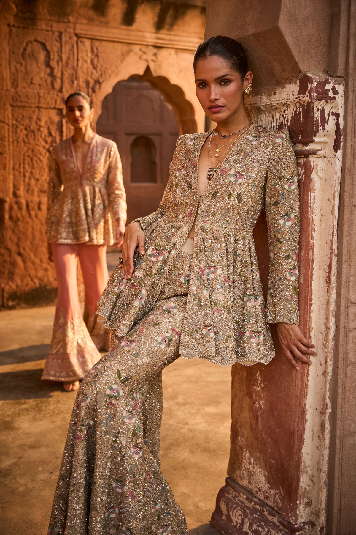Embroidered Golden Beige Sharara Set