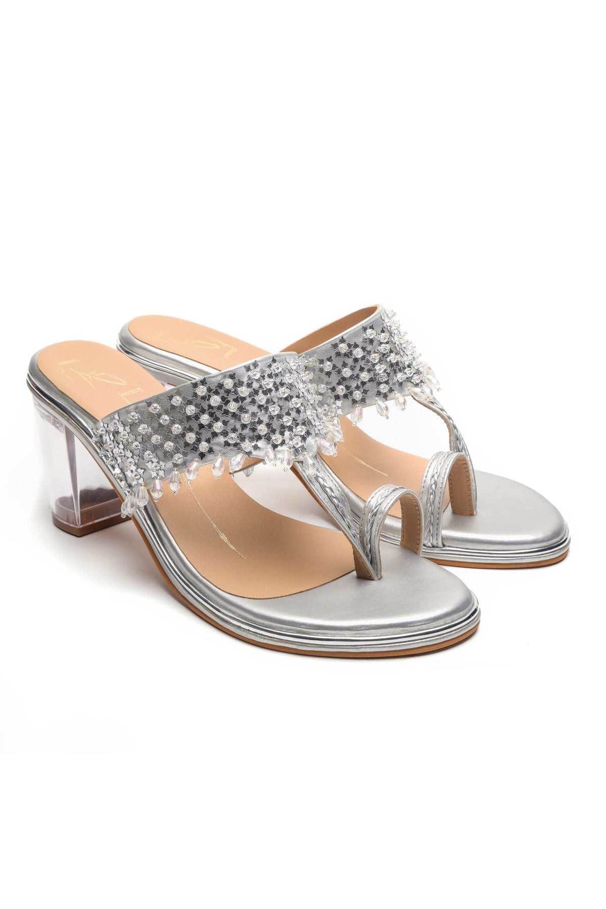 Embroidered Silver Block Heels