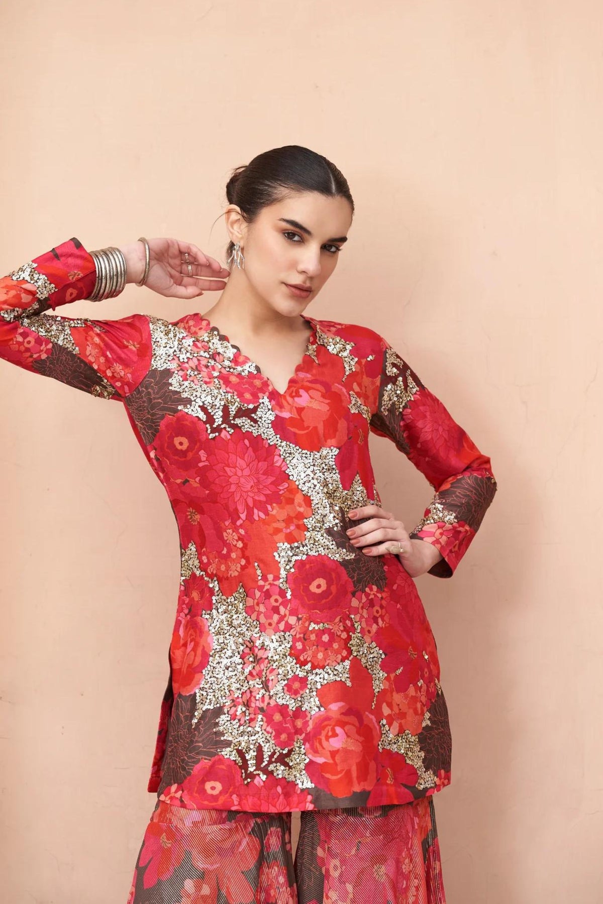 Brown Moroccan Sequin Scallop Sharara Set