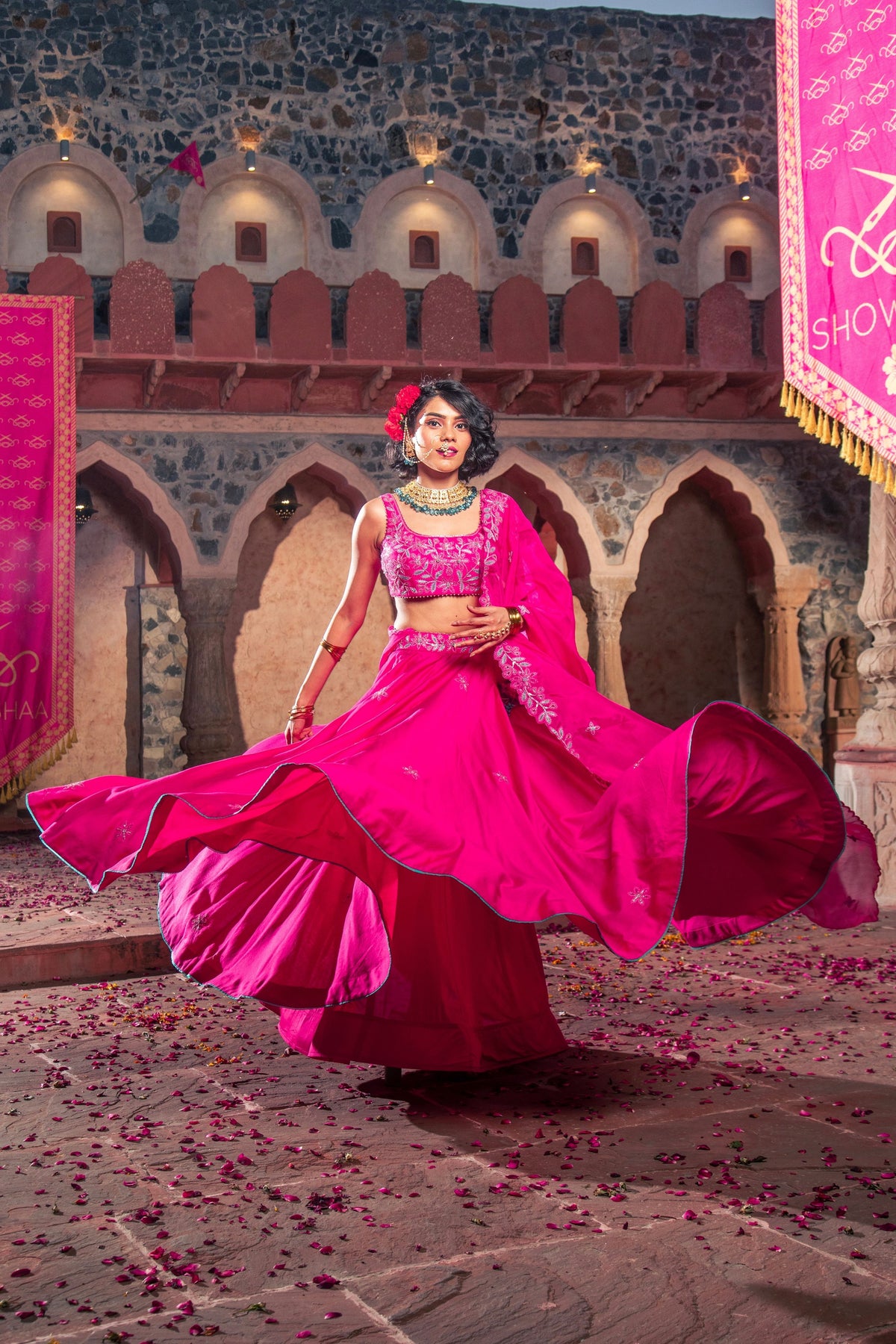 Hot Pink Embroidered Lehenga Set