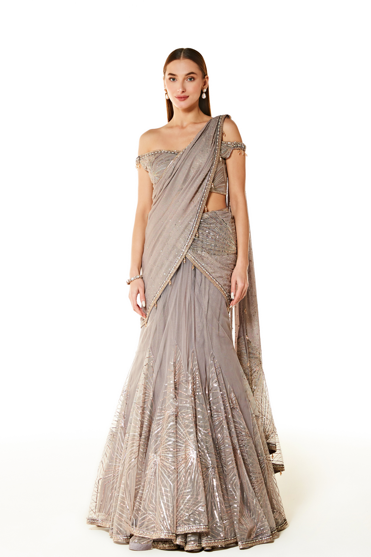 Grey Adha Embroidered Lehenga Saree Set