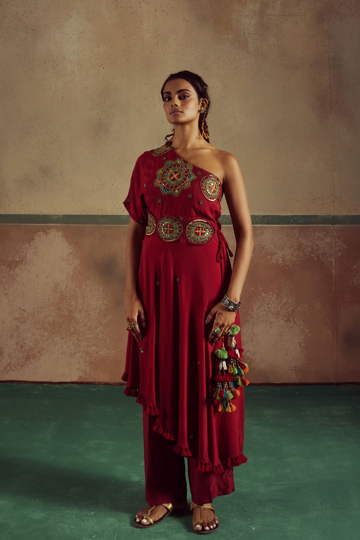 Red One Shoulder Kurta Set
