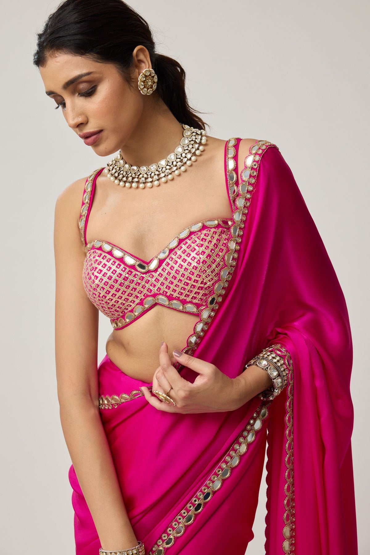 Fuchsia Pink Mirror Saree Set