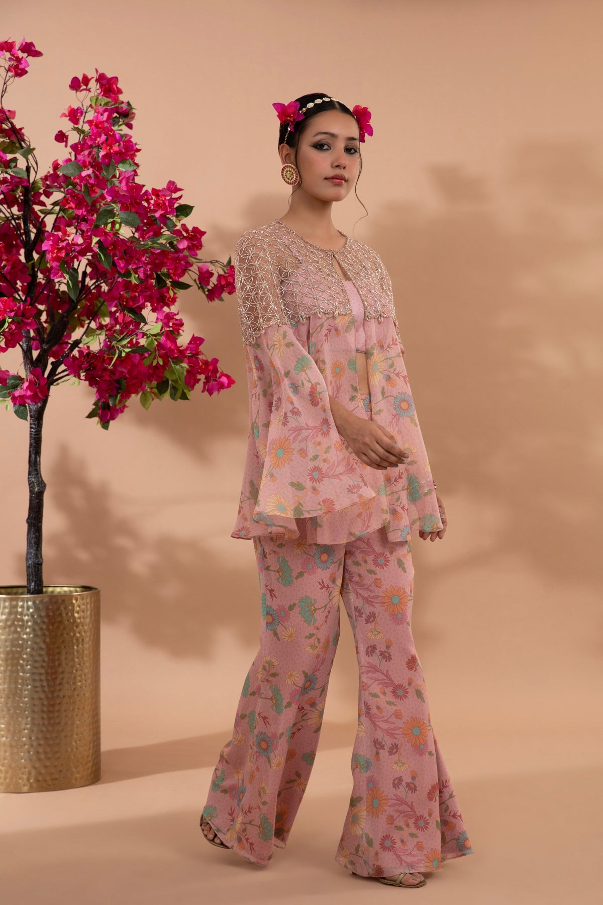 Dusty Rose Floral Printed Cape Set