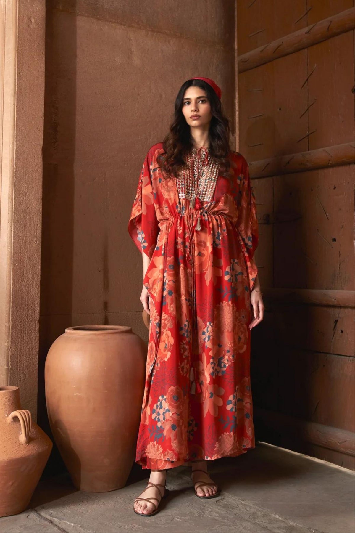 Red Moroccan Zari Yoke Kaftan