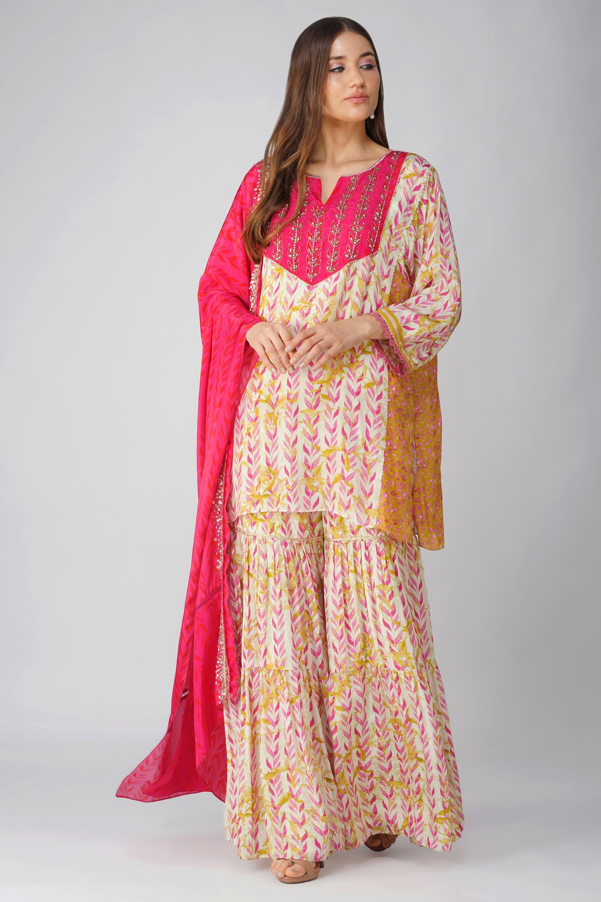 Pink Leaf Print Garara Set