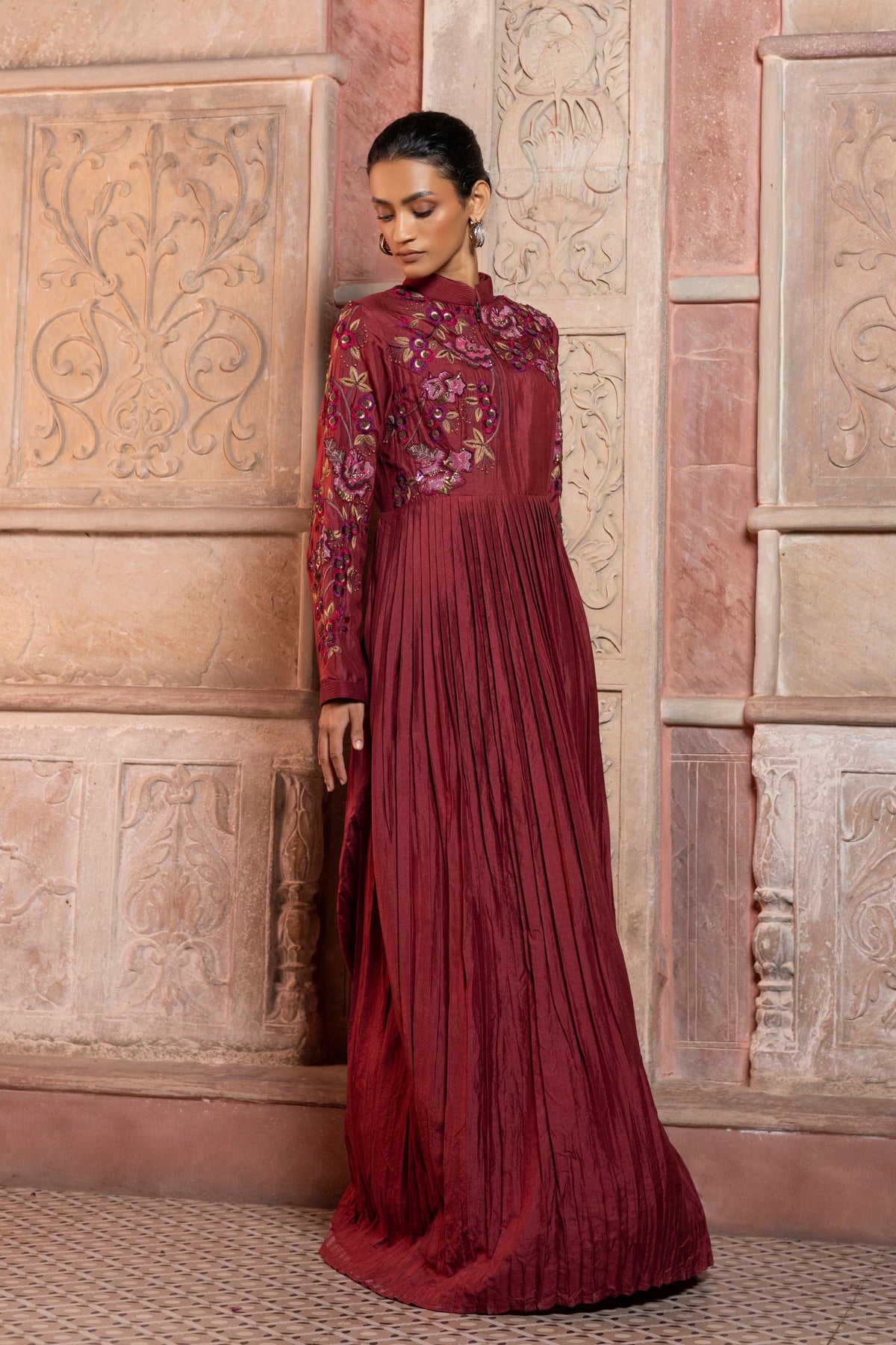 Maroon Pleated Maxi Dress