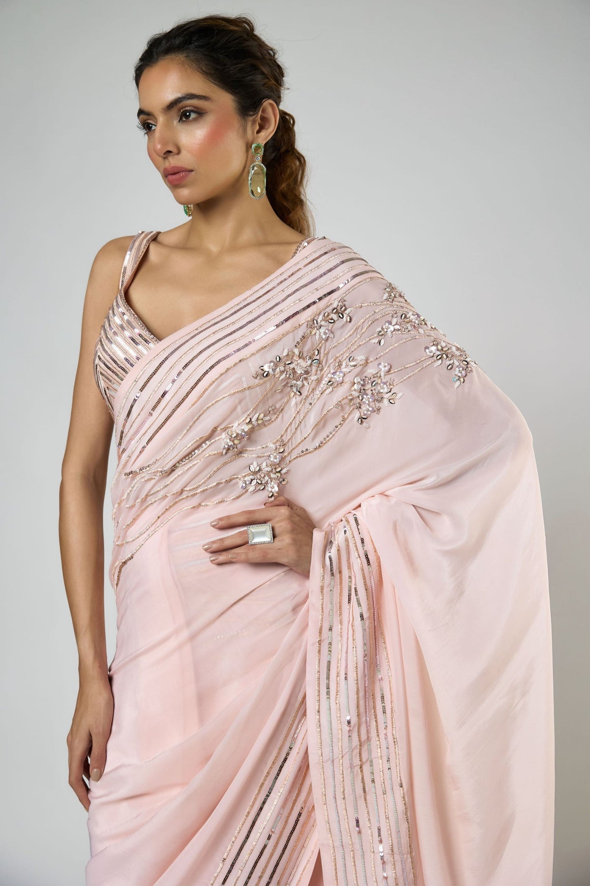 Peachy Pink Draped Saree Set
