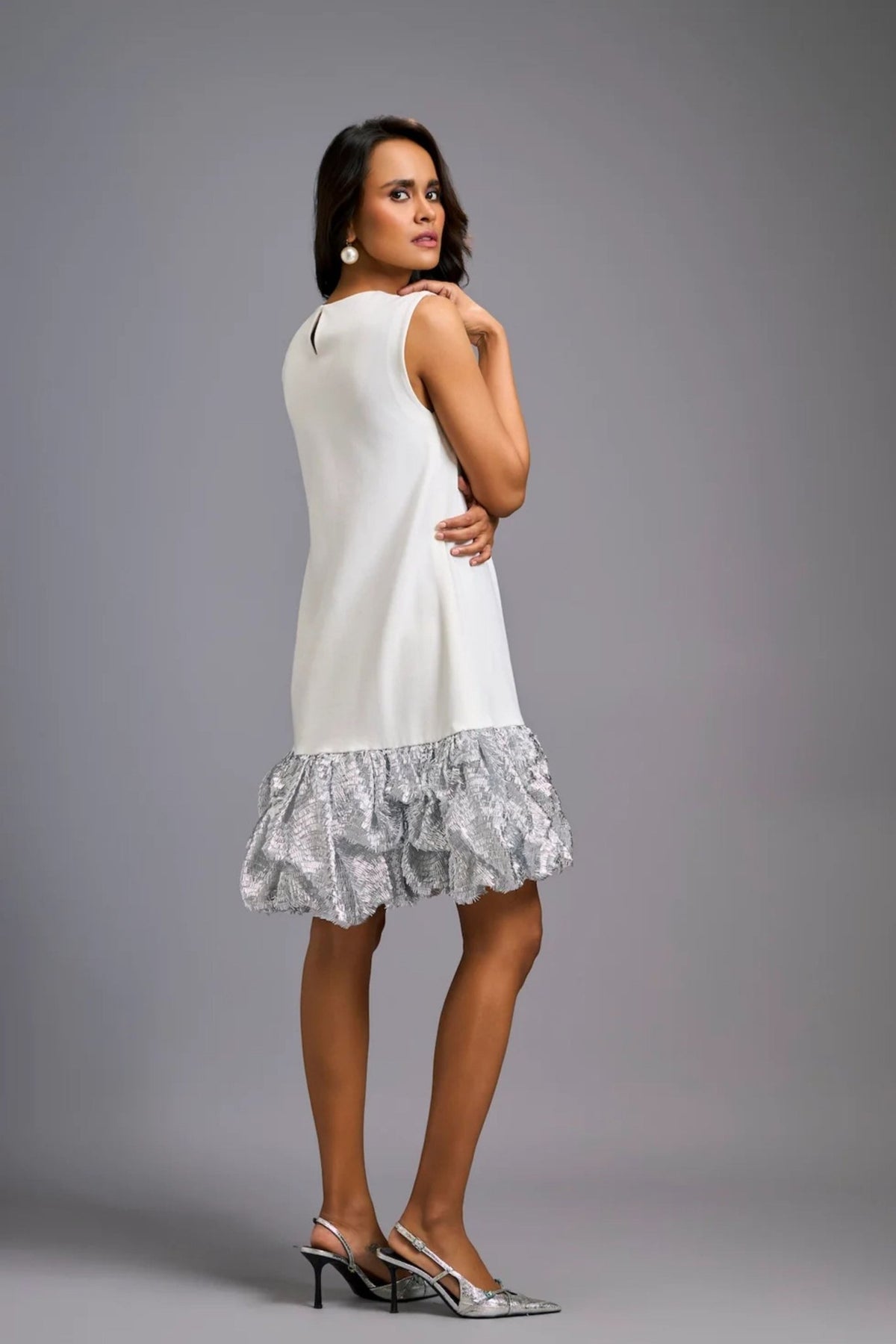 Ruffled Shimmer Silver Dress - Deepika Arora - Elahe
