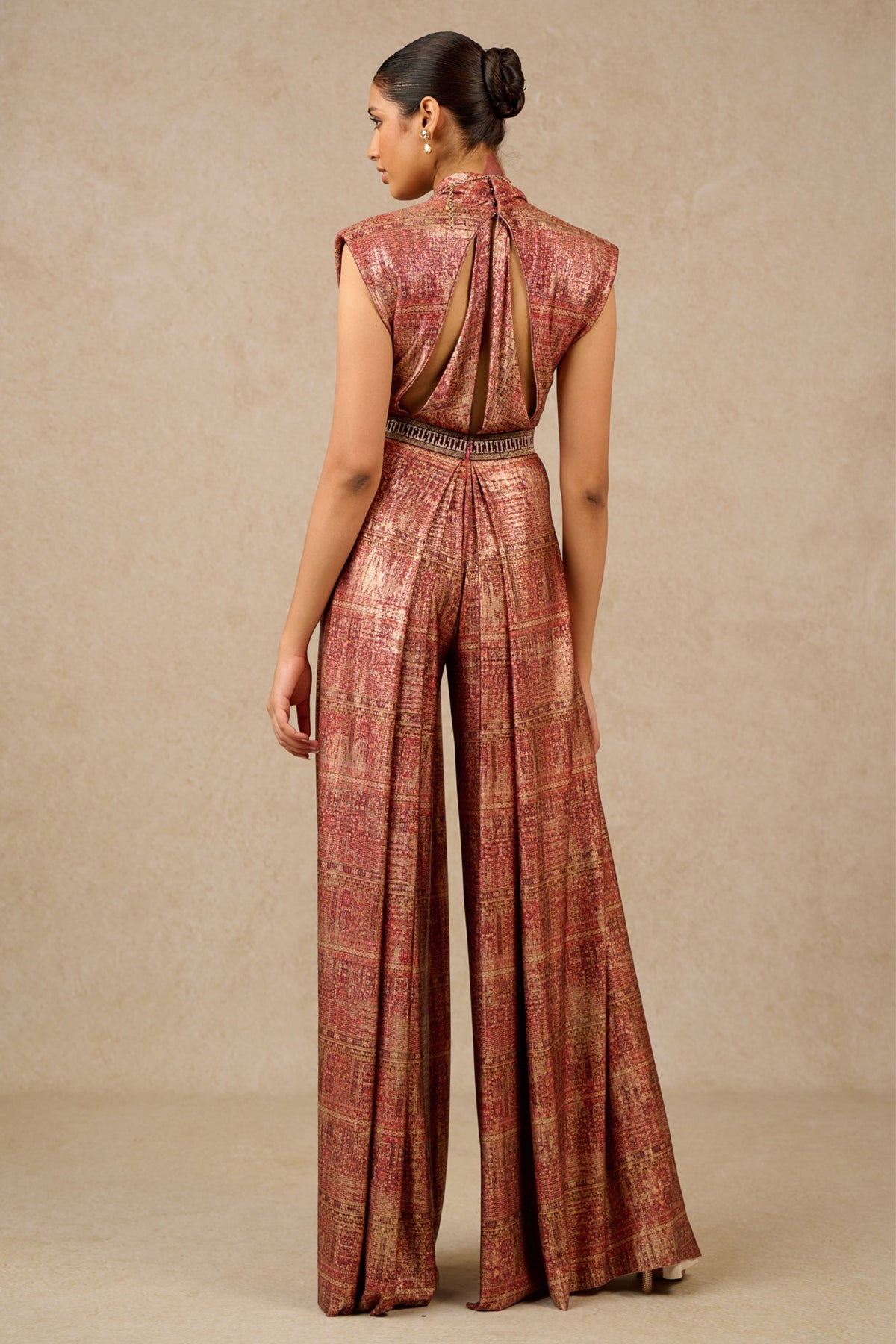 Wine Printed and Panelled Jumpsuit