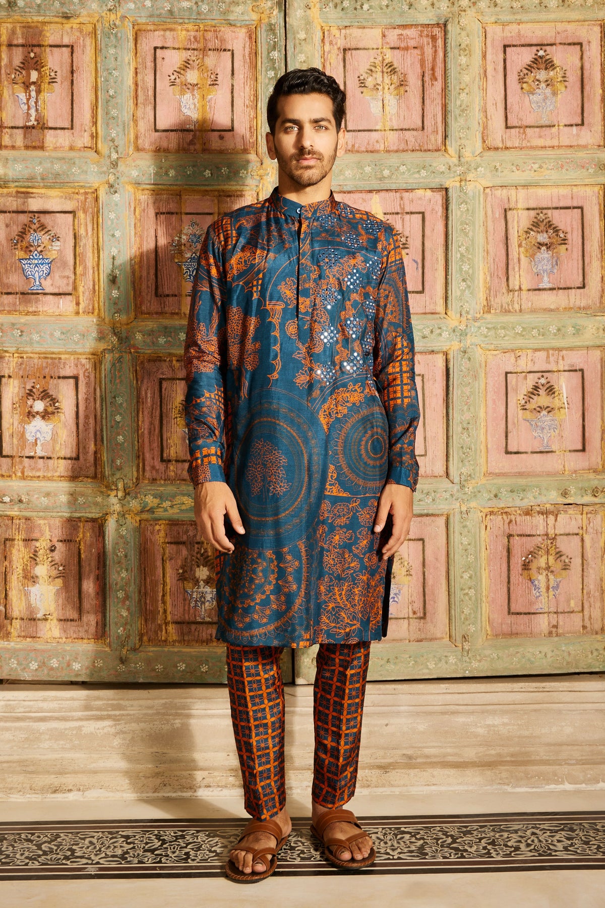Teal Thikri Highlighted Kurta Set