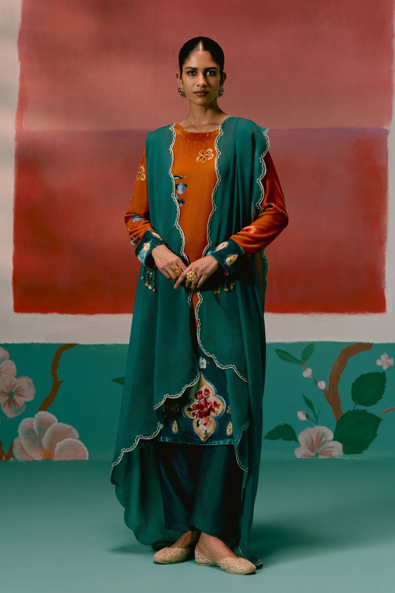 Mustard Teal Kurta Set - Label Mogra - Elahe