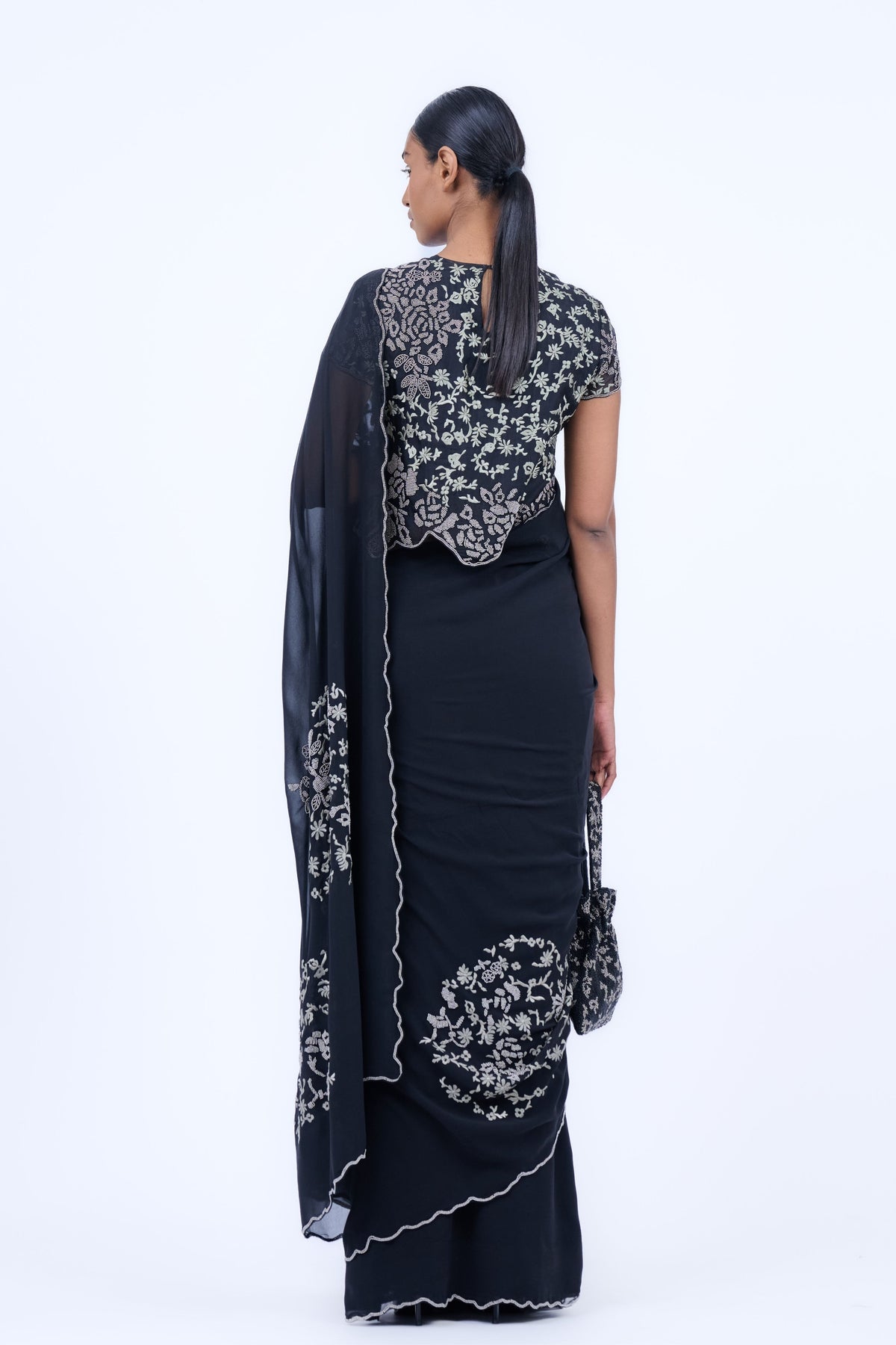 Black Threadwork Georgette Saree