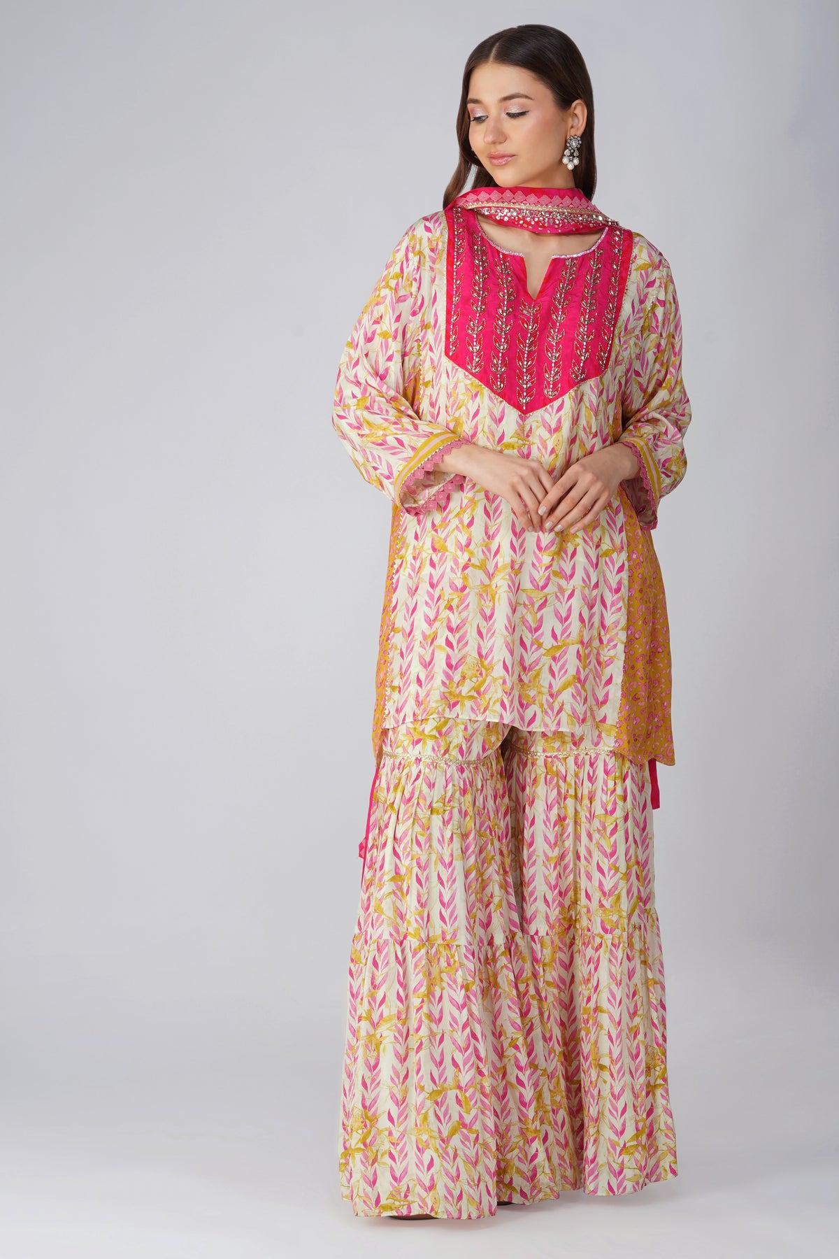 Pink Leaf Print Garara Set