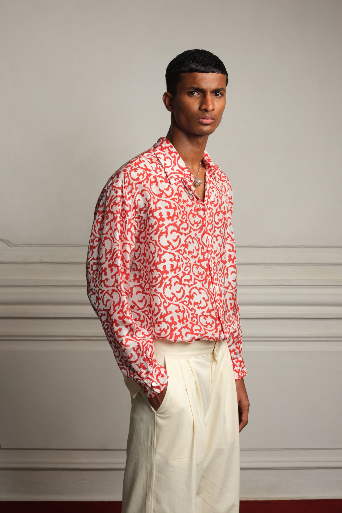 Block printed silk shirt with trousers