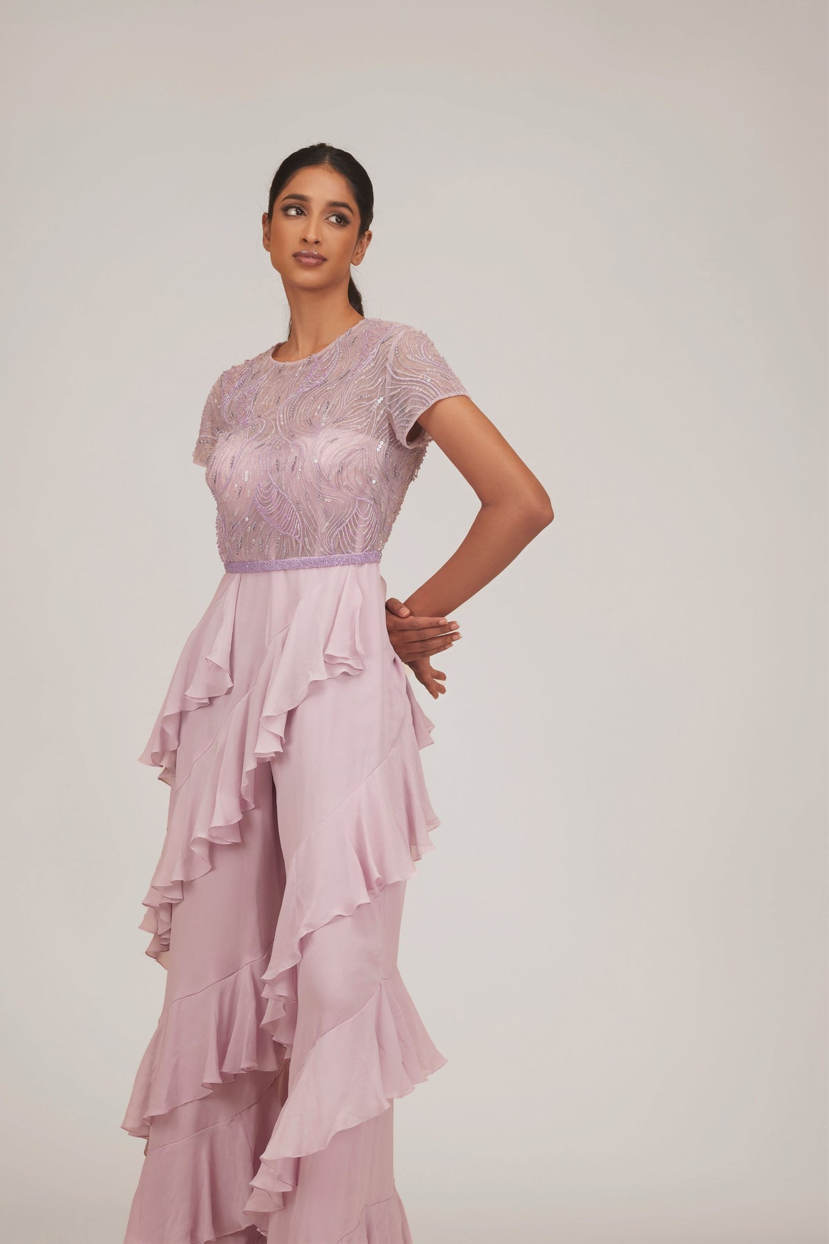 Beaded Ruffle Jumpsuit With Belt