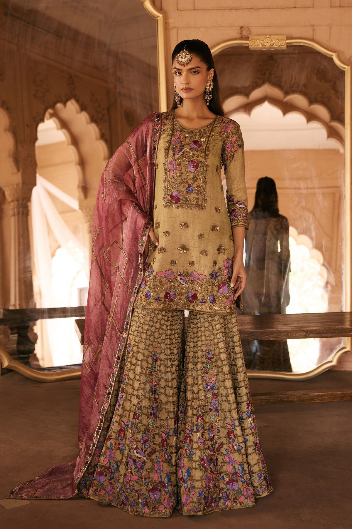 Resham Embroidery Gold Sharara Set