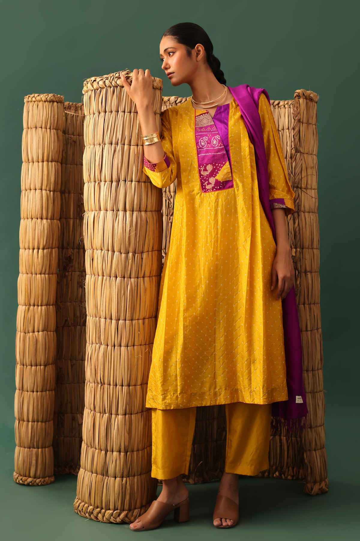 Mustard Bandhani Kurta Set