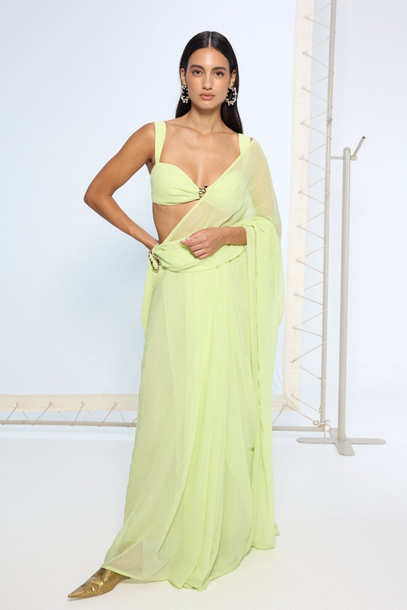 Lime Green Brooch Saree - Ekaya - Elahe