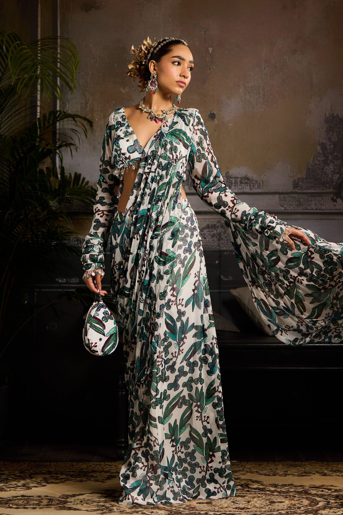 Teal Leaf Draped Saree Set