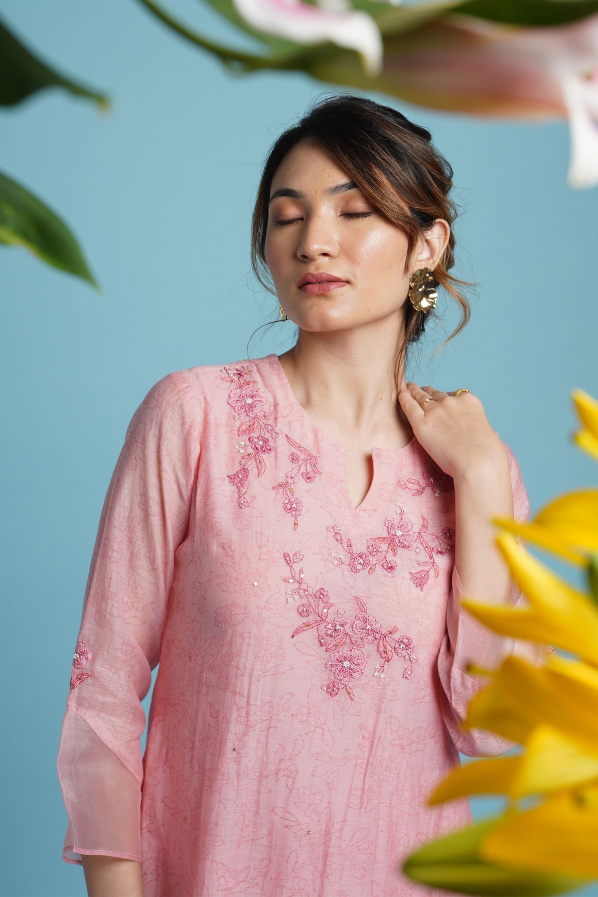 Pink Mul Chanderi Kurta Set