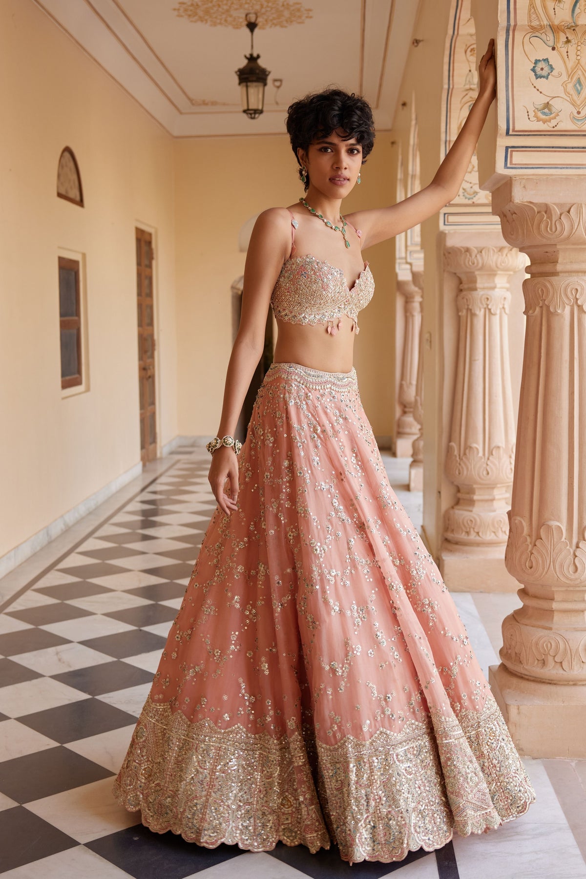 Salmon Embroidered Lehenga Set