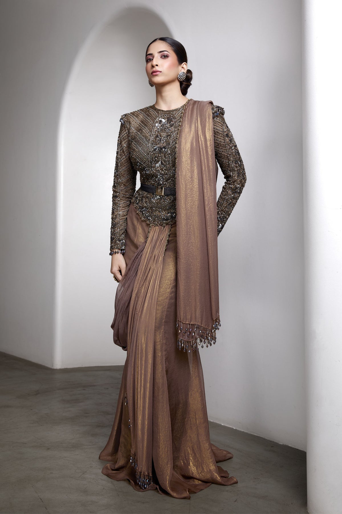 Embellished Nude Saree Set