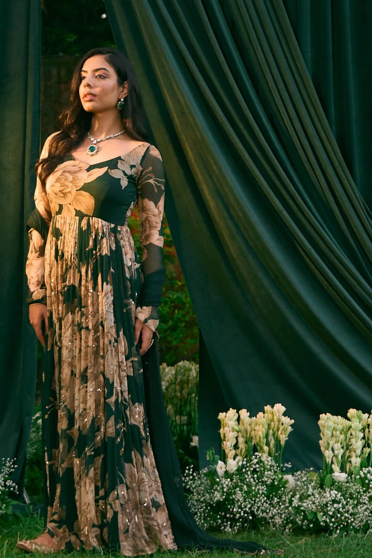 Teal Green Floral Anarakali Set