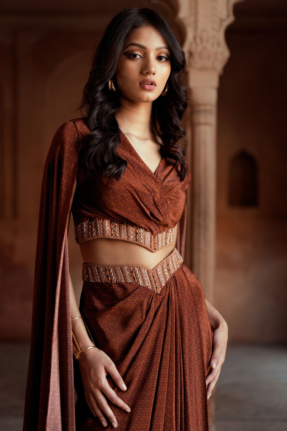 Brown Embroidered Drape Set
