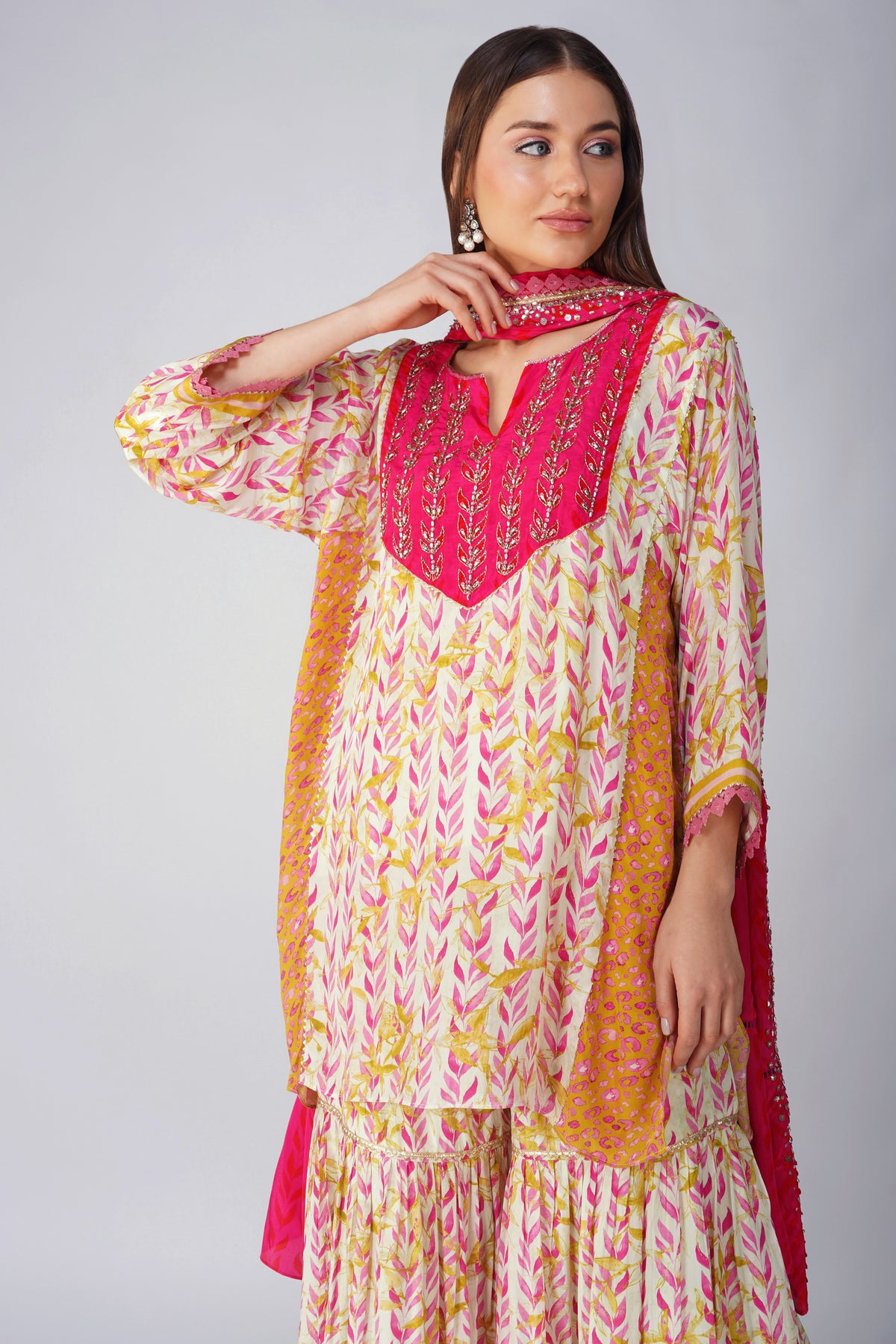 Pink Leaf Print Garara Set