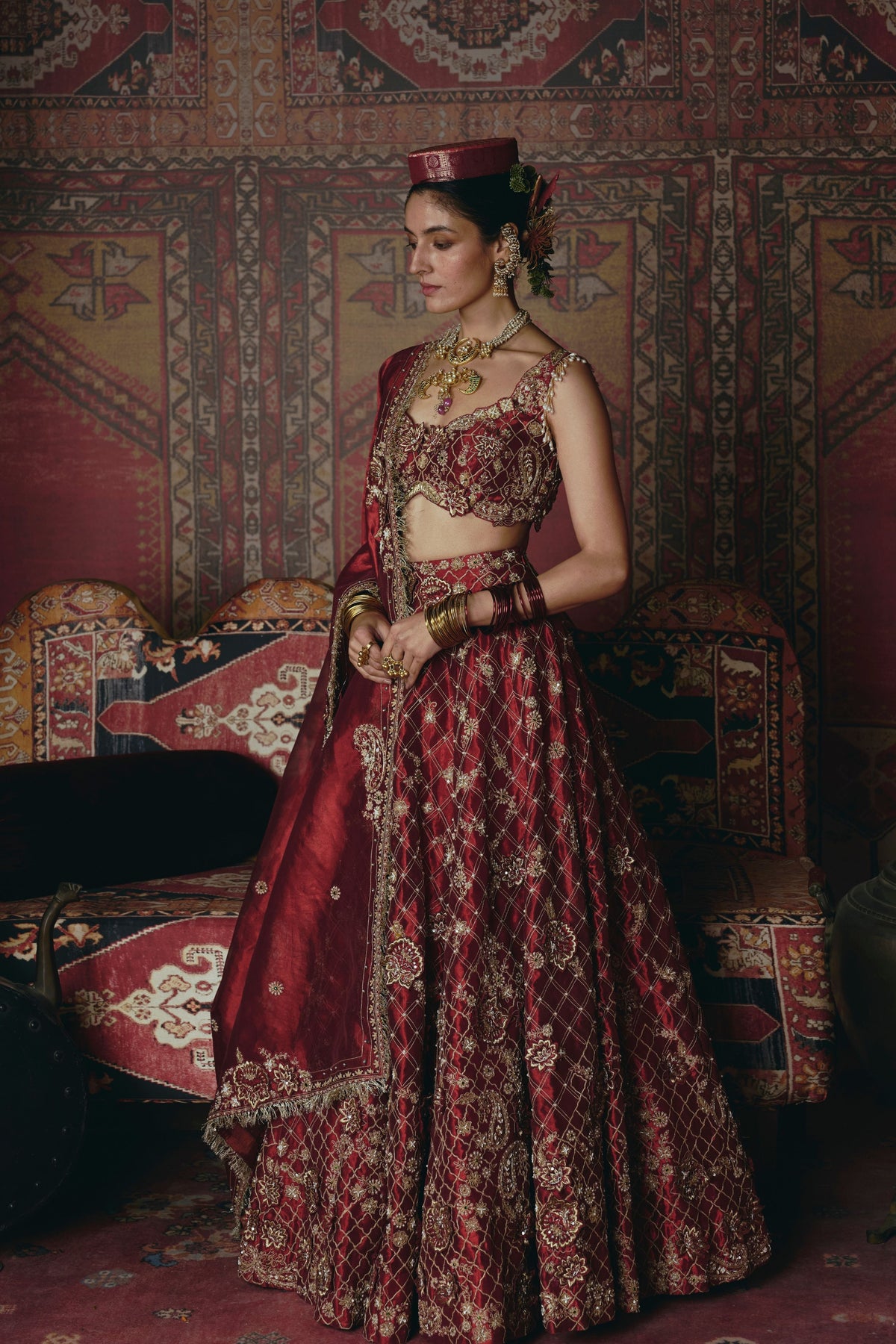 Maroon 3d Flower Lehenga Set
