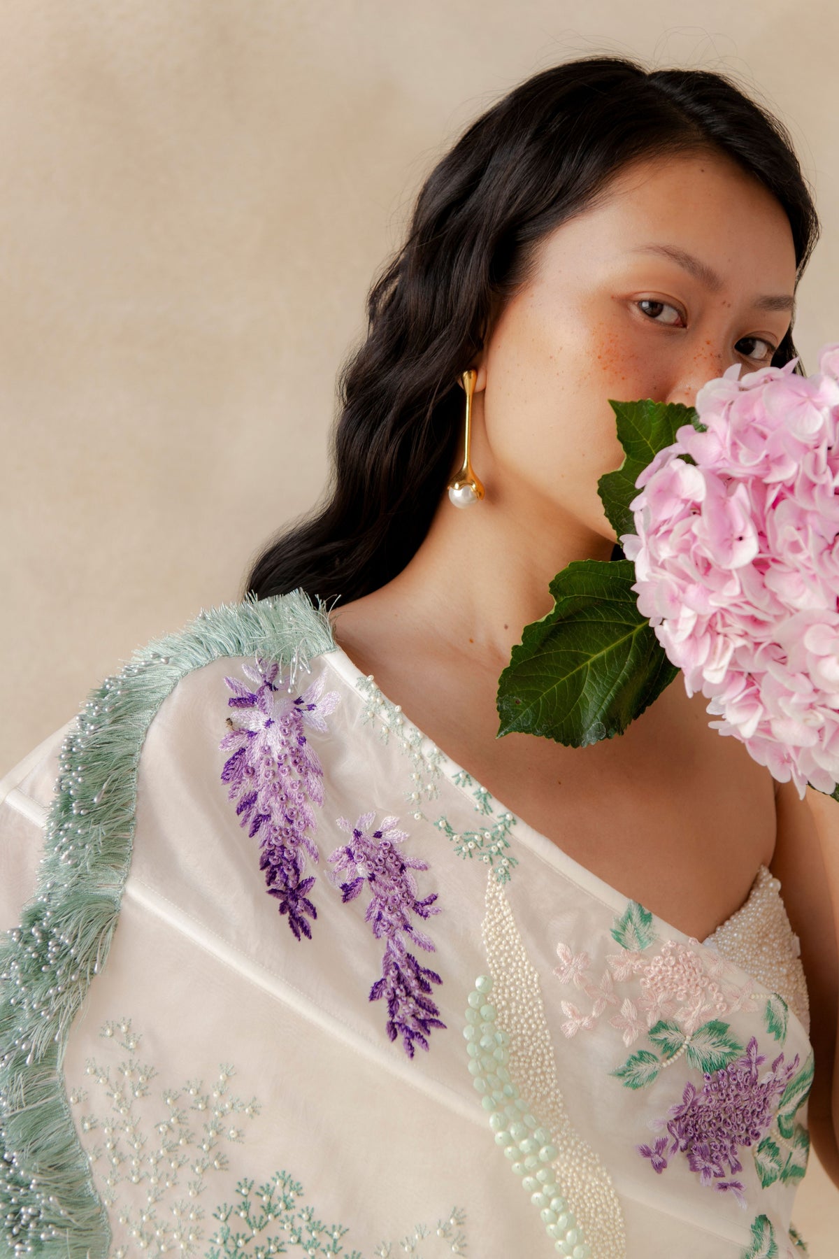 Pearl Top With Wisteria Drape Skirt
