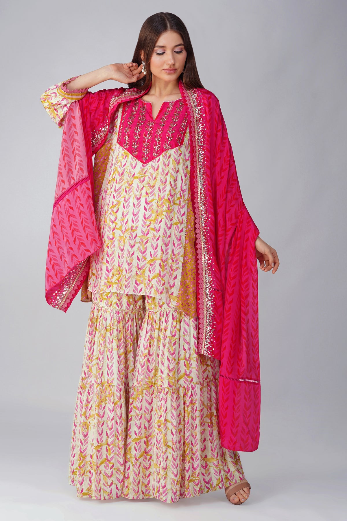 Pink Leaf Print Garara Set