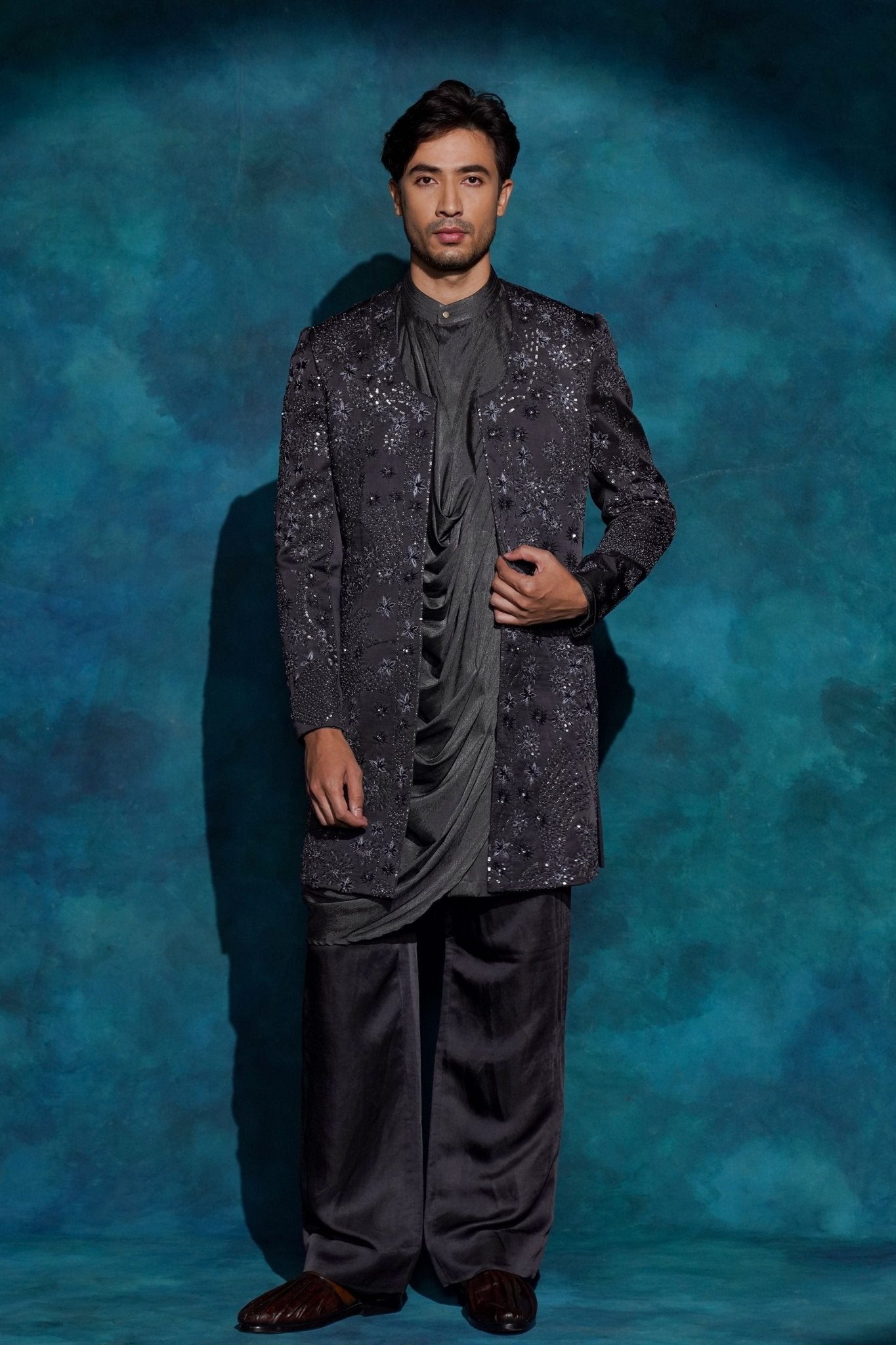 Charcoal Gray Jacket Set - Jatin Malik - Elahe