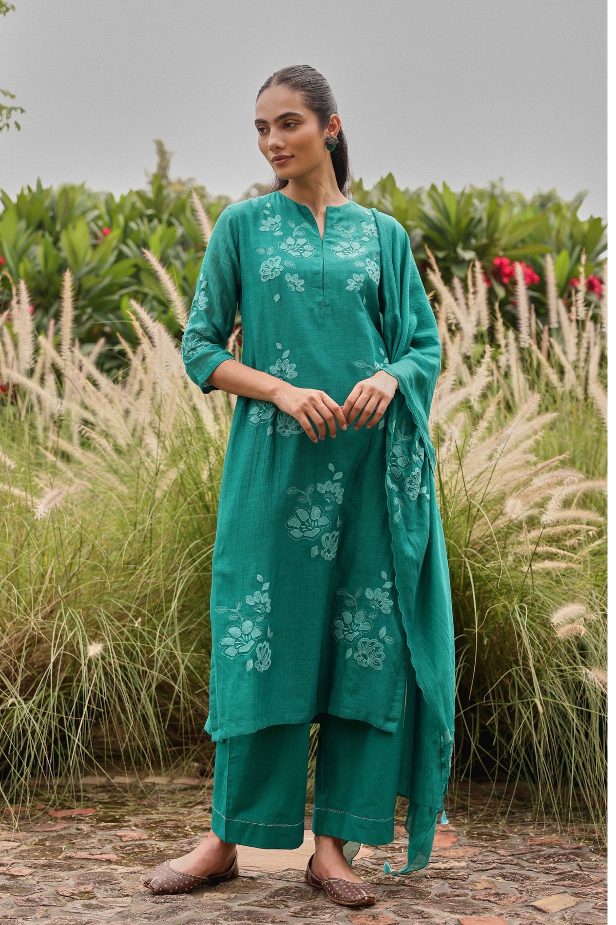 Teal Applique Embroidered Kurta Set