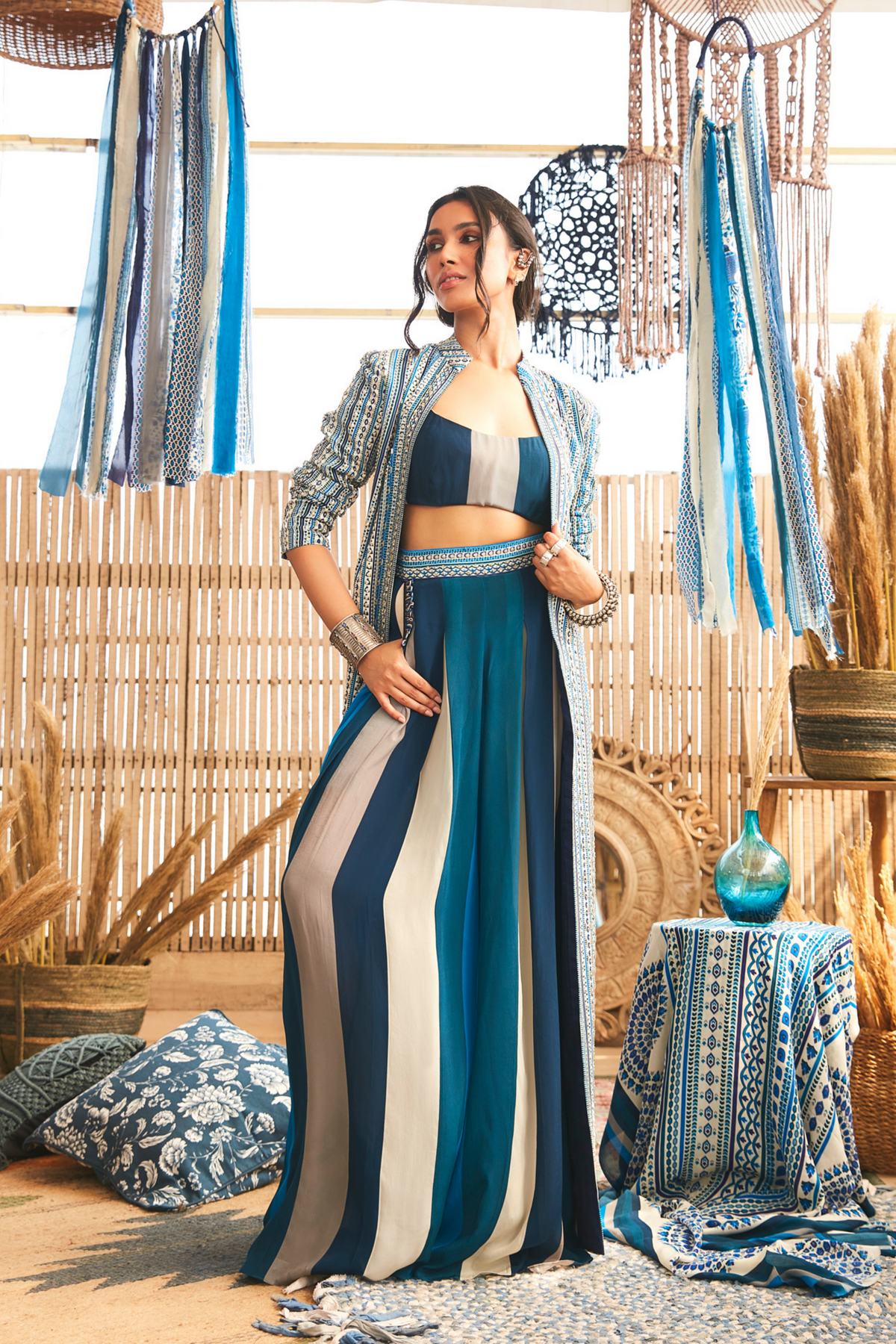Blue Boho Stripe Embellished Jacket Set