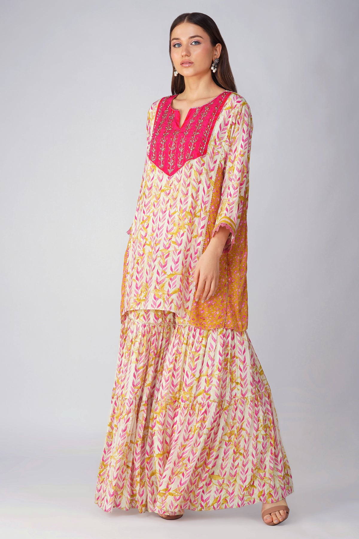 Pink Leaf Print Garara Set