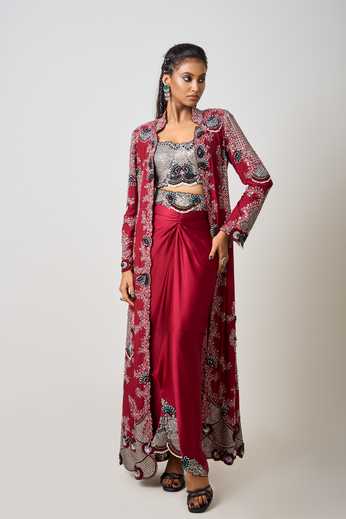 Burgundy Embroidered Jacket Set