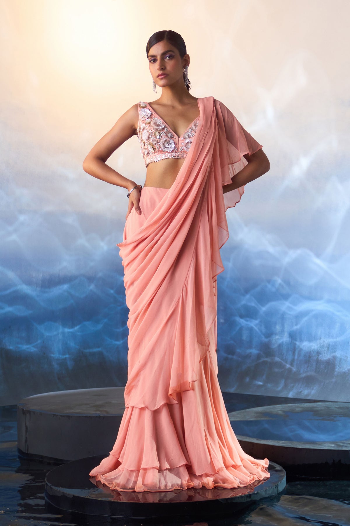 Peach Drape Saree Set