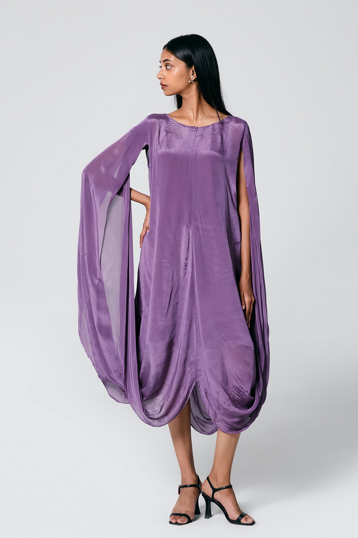 Lilac Cape-Style Sleeve Cowl Dress