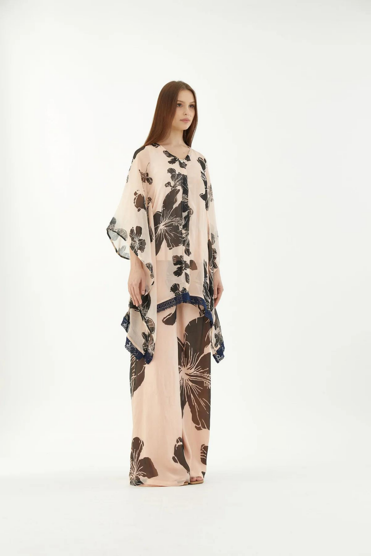 Pink And Black Floral Kaftan Top