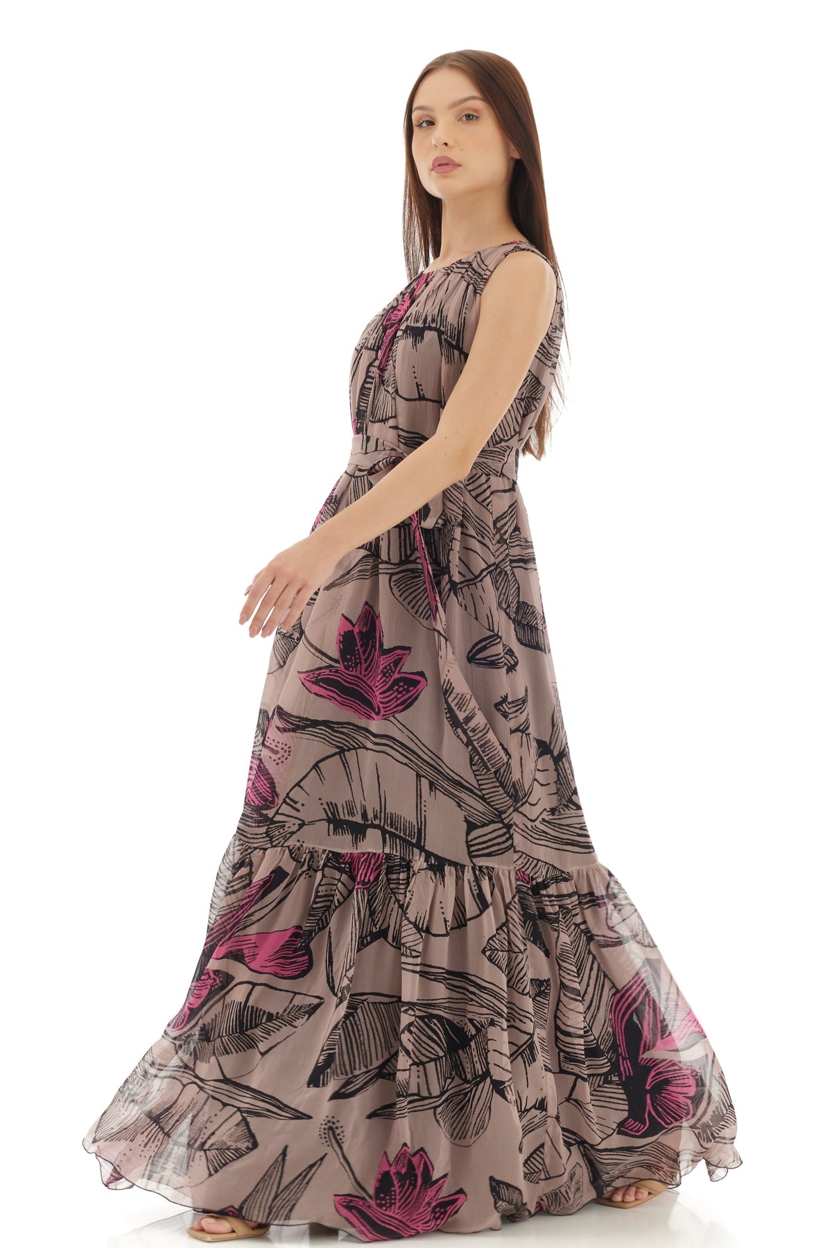 Grey Floral Long Dress