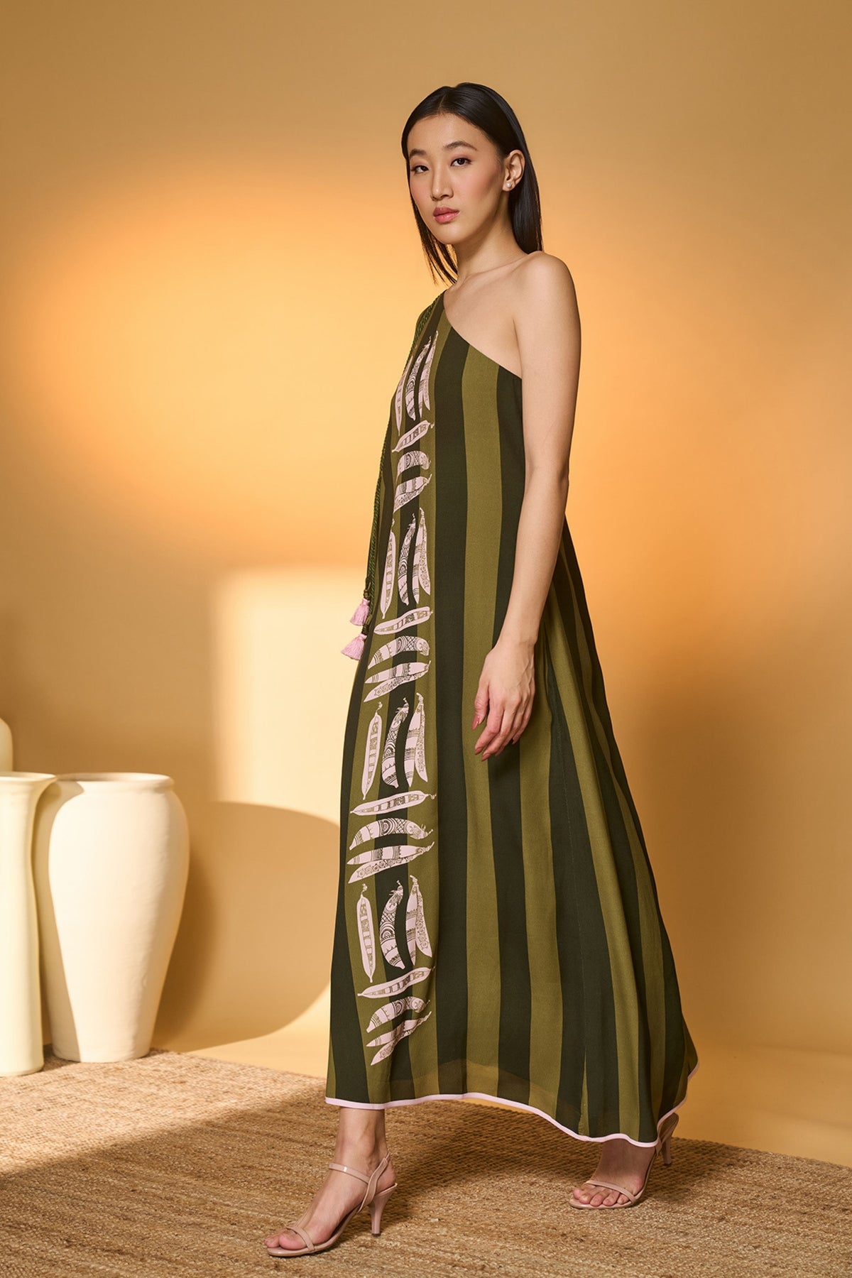 Green Totem Pod One Shoulder Kaftan