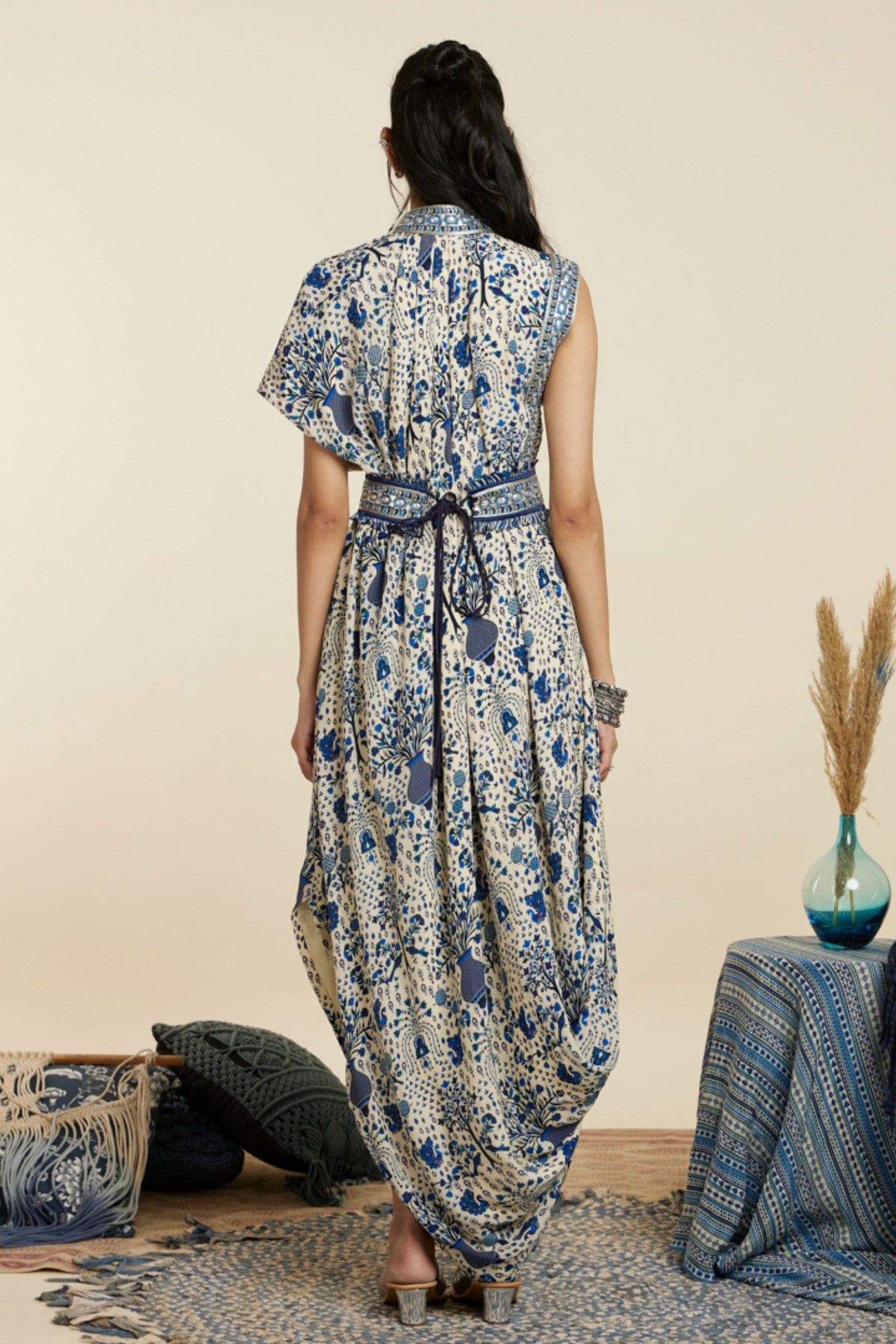 Safar Blue Drape Dress With Belt