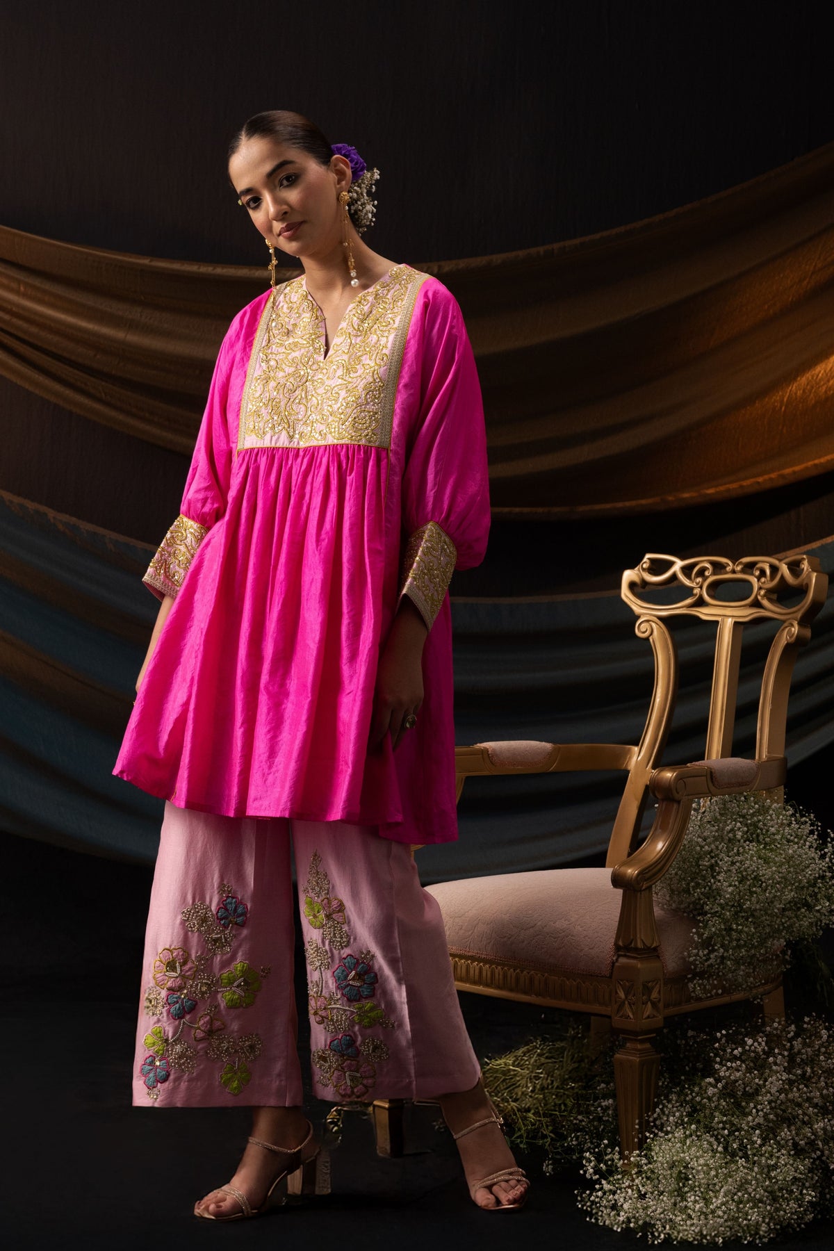 Bright Pink 3D Embroidered Co-ord Set