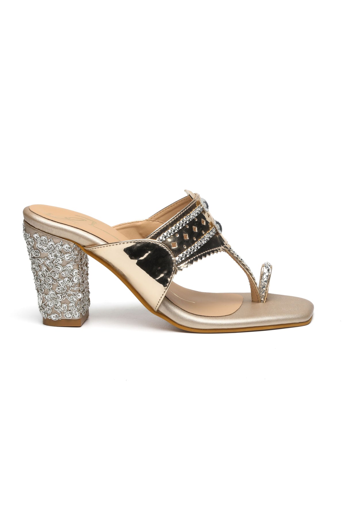 Gold Embroidered Block Heel