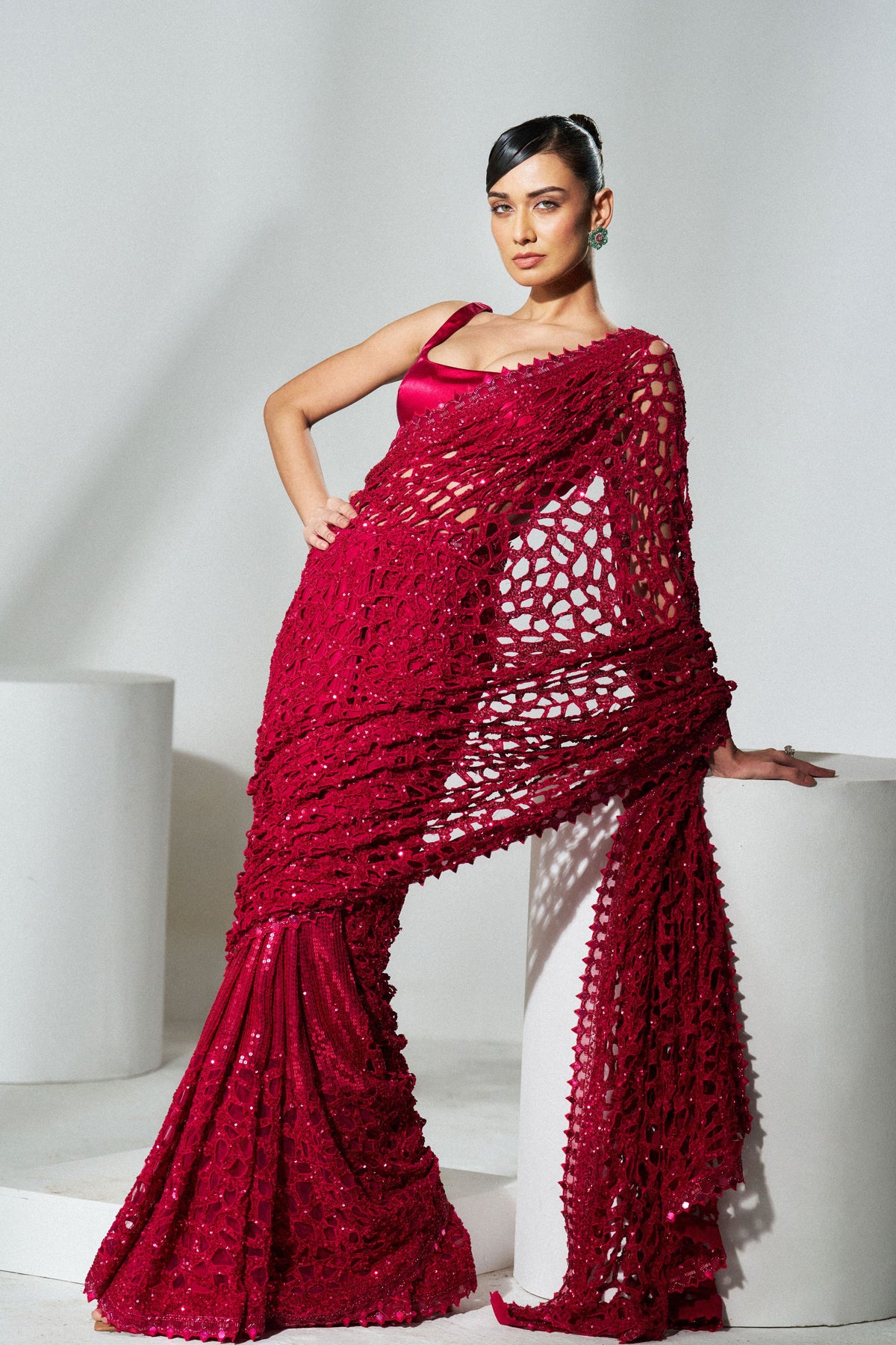 Ruby Red Cutwork Saree Set